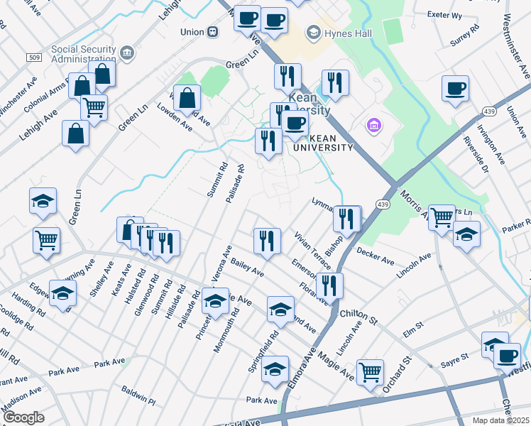 map of restaurants, bars, coffee shops, grocery stores, and more near Service Road in Union