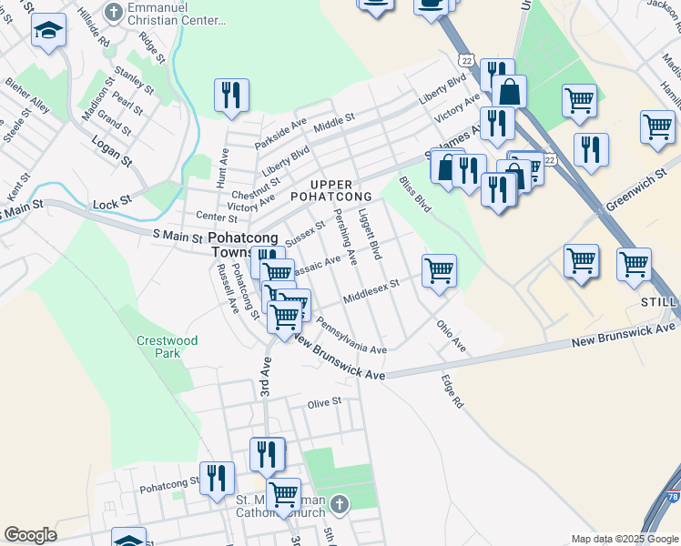 map of restaurants, bars, coffee shops, grocery stores, and more near 300 Pershing Avenue in Phillipsburg