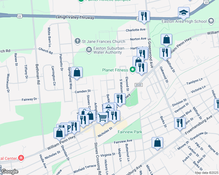 map of restaurants, bars, coffee shops, grocery stores, and more near 336 Dalton Street in Easton