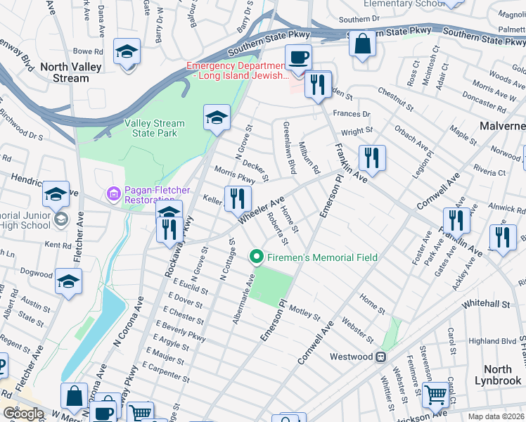 map of restaurants, bars, coffee shops, grocery stores, and more near 151 Wheeler Avenue in Valley Stream