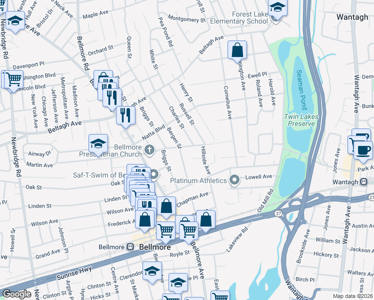 map of restaurants, bars, coffee shops, grocery stores, and more near 2815 Martin Avenue in Bellmore
