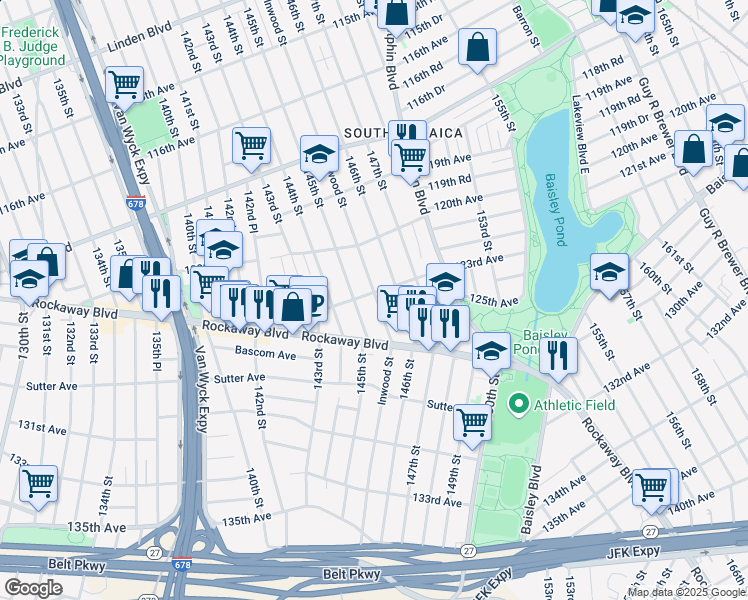 map of restaurants, bars, coffee shops, grocery stores, and more near 120-43 145th Street in Queens