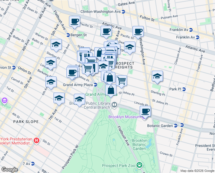 map of restaurants, bars, coffee shops, grocery stores, and more near 42 Plaza Street East in Brooklyn