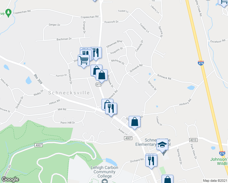map of restaurants, bars, coffee shops, grocery stores, and more near 5004 Mohawk Drive in Schnecksville