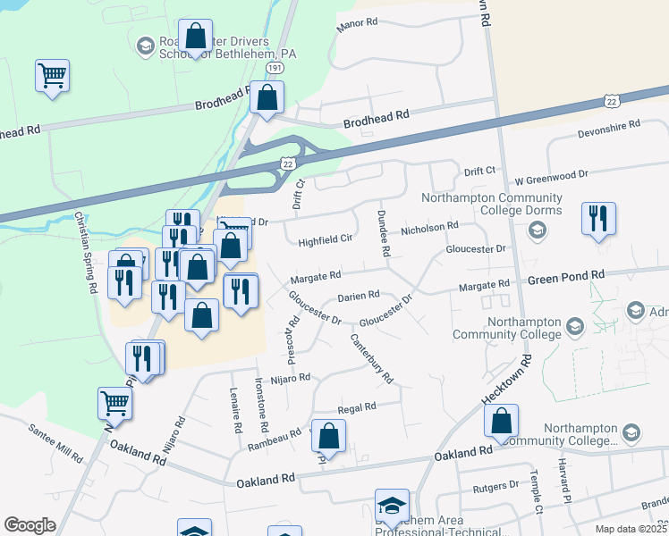 map of restaurants, bars, coffee shops, grocery stores, and more near 3833 Fairlee Court in Bethlehem