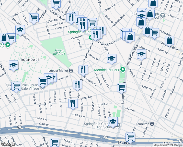 map of restaurants, bars, coffee shops, grocery stores, and more near 177-34 136th Avenue in Queens