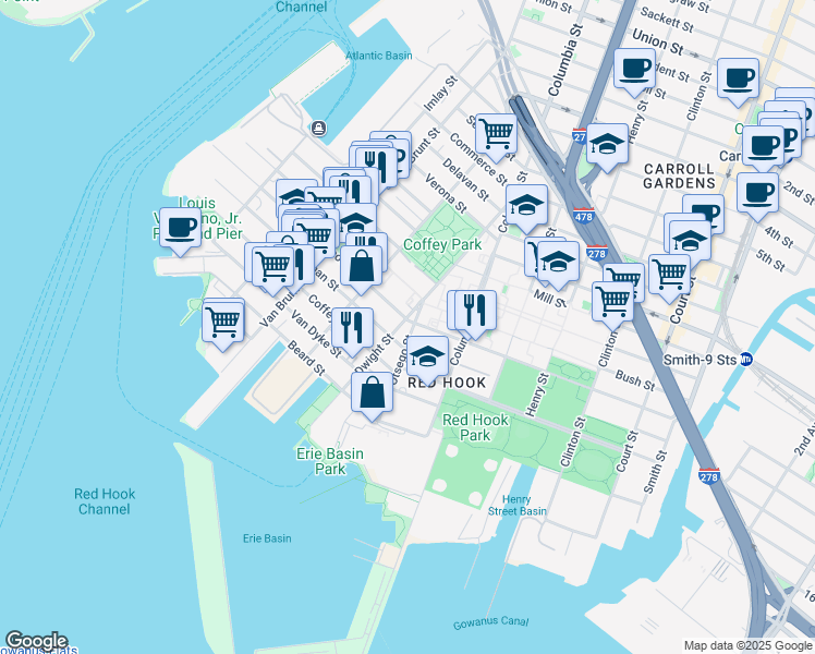 map of restaurants, bars, coffee shops, grocery stores, and more near 129 Dwight St in Brooklyn