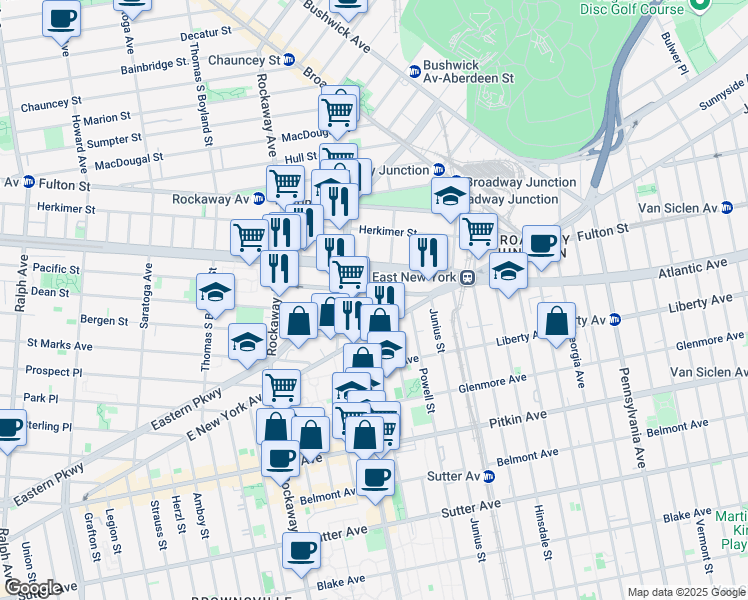 map of restaurants, bars, coffee shops, grocery stores, and more near 124 Sackman Street in Brooklyn