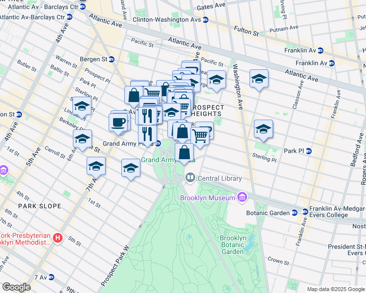 map of restaurants, bars, coffee shops, grocery stores, and more near 50 Plaza Street East in Brooklyn