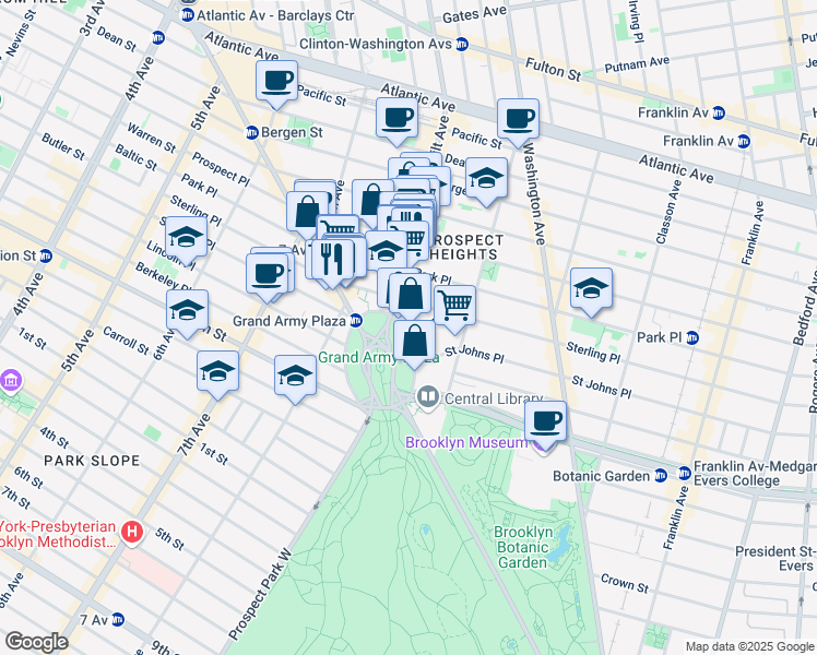 map of restaurants, bars, coffee shops, grocery stores, and more near 50 Plaza Street East in Brooklyn