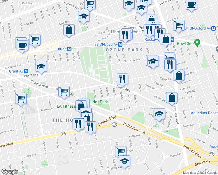 map of restaurants, bars, coffee shops, grocery stores, and more near 132-13 83rd Street in Queens