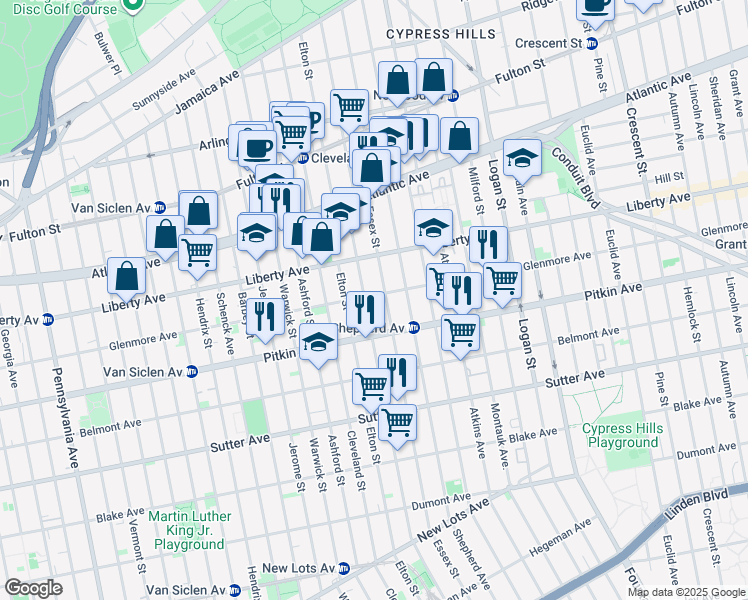 map of restaurants, bars, coffee shops, grocery stores, and more near 753 Glenmore Avenue in Brooklyn