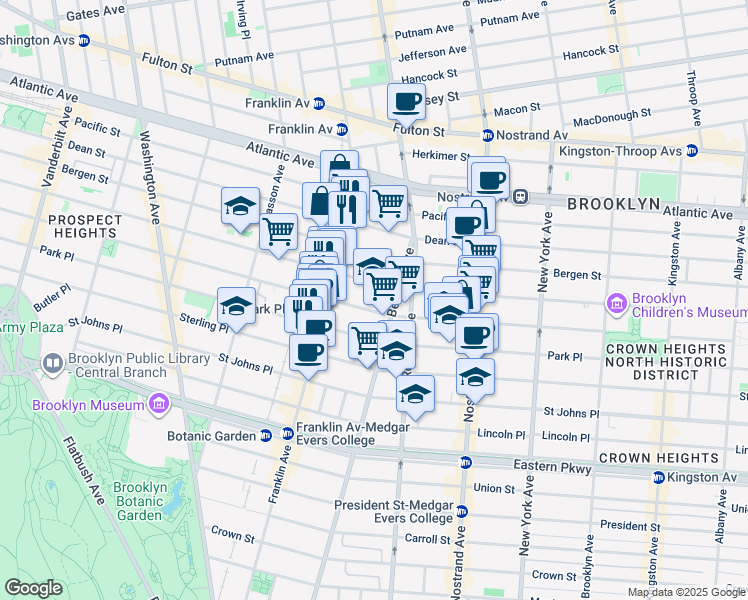 map of restaurants, bars, coffee shops, grocery stores, and more near 671 Prospect Place in Brooklyn