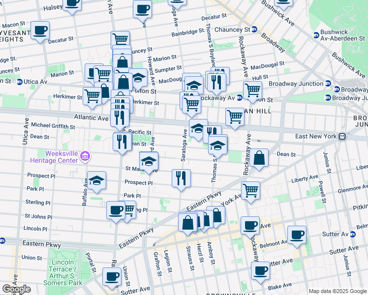 map of restaurants, bars, coffee shops, grocery stores, and more near Saratoga Avenue & Dean Street in Brooklyn