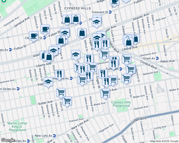 map of restaurants, bars, coffee shops, grocery stores, and more near 184 Milford Street in Brooklyn