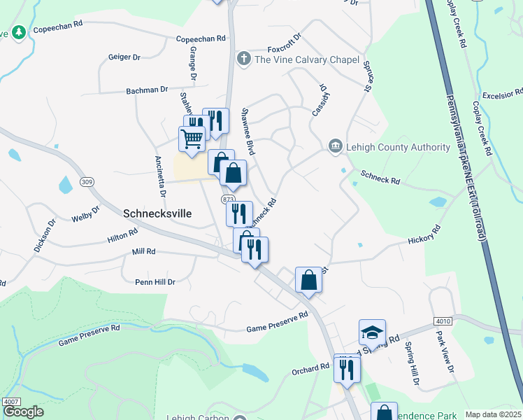 map of restaurants, bars, coffee shops, grocery stores, and more near 5004 Mohawk Drive in Schnecksville