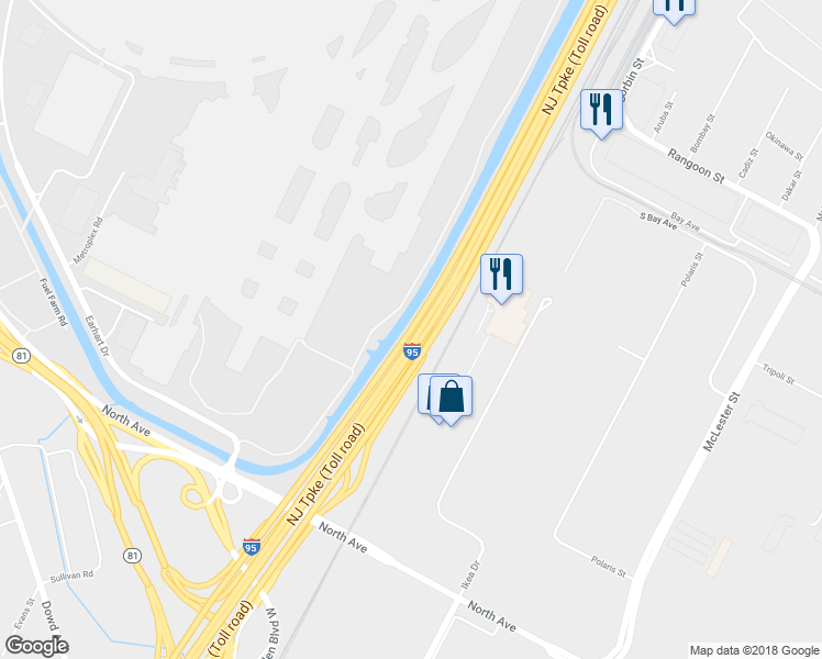 map of restaurants, bars, coffee shops, grocery stores, and more near New Jersey Turnpike in Elizabeth
