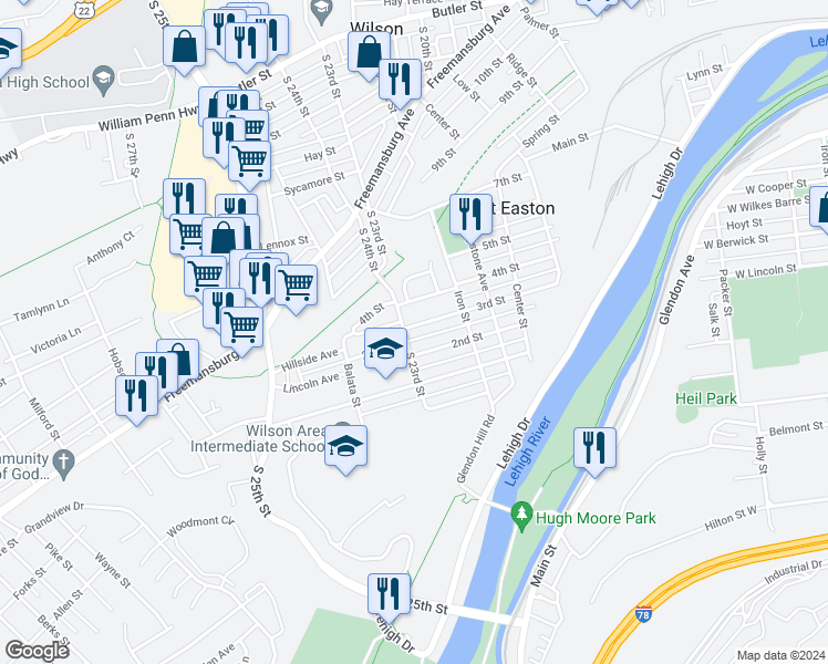 map of restaurants, bars, coffee shops, grocery stores, and more near 2254 3rd Street in Easton