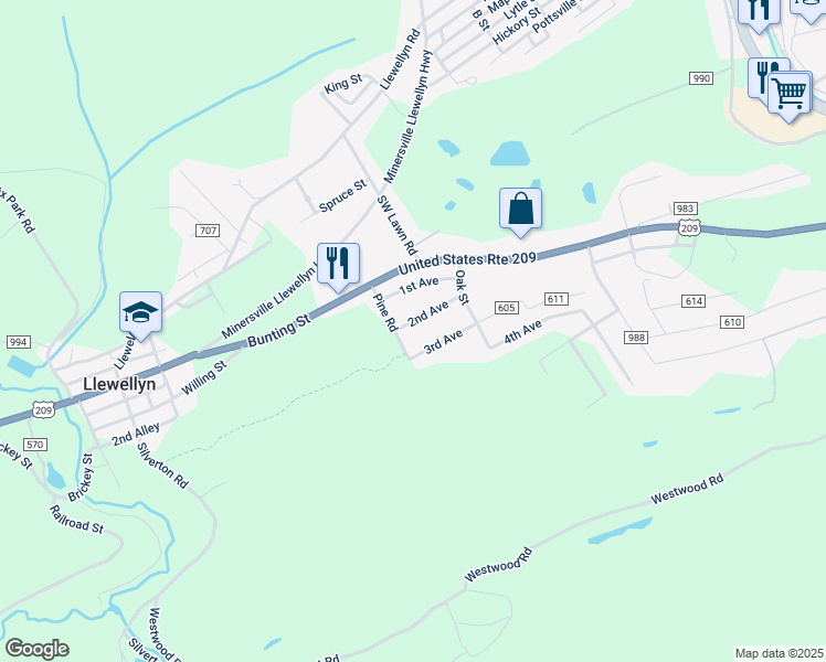 map of restaurants, bars, coffee shops, grocery stores, and more near South 2nd Street in Pottsville
