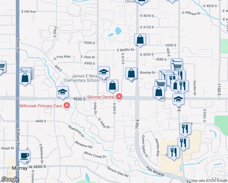 map of restaurants, bars, coffee shops, grocery stores, and more near 4459 South 500 East in Millcreek