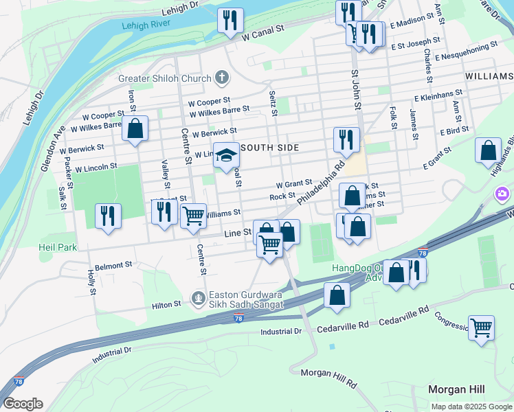 map of restaurants, bars, coffee shops, grocery stores, and more near 465 Williams Street in Easton