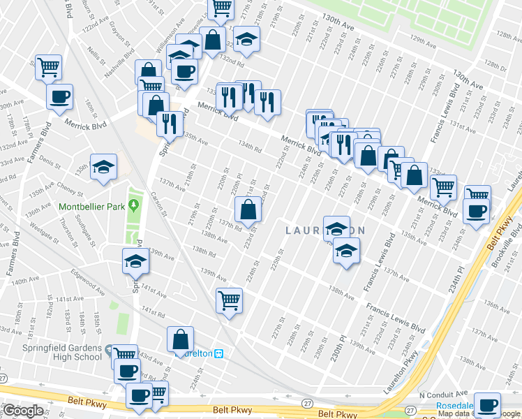 map of restaurants, bars, coffee shops, grocery stores, and more near 136-29 222nd Street in Queens