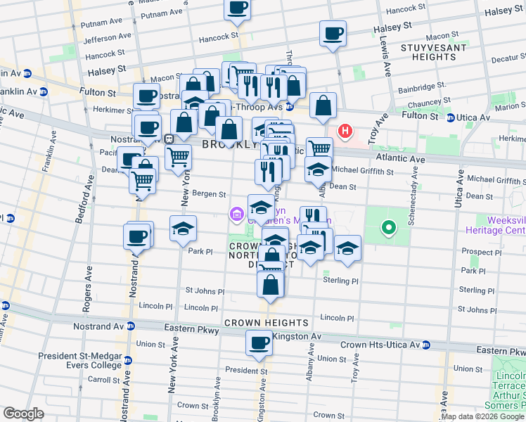 map of restaurants, bars, coffee shops, grocery stores, and more near 1286 Bergen Street in Brooklyn