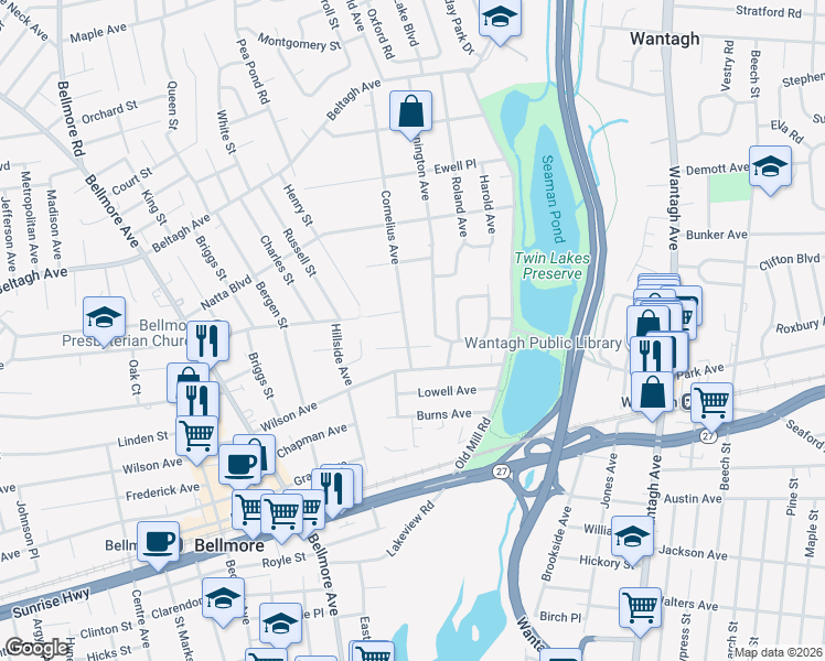 map of restaurants, bars, coffee shops, grocery stores, and more near 1822 Hannington Avenue in Wantagh
