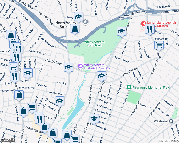 map of restaurants, bars, coffee shops, grocery stores, and more near 127 Hendrickson Avenue in Valley Stream