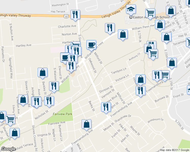 map of restaurants, bars, coffee shops, grocery stores, and more near 604 South Greenwood Avenue in Easton