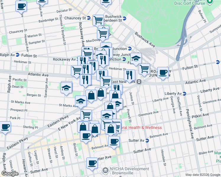 map of restaurants, bars, coffee shops, grocery stores, and more near 2397 Dean Street in Brooklyn