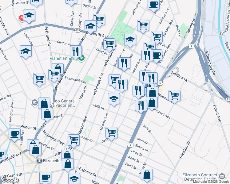 map of restaurants, bars, coffee shops, grocery stores, and more near 612-614 Monroe Avenue in Elizabeth