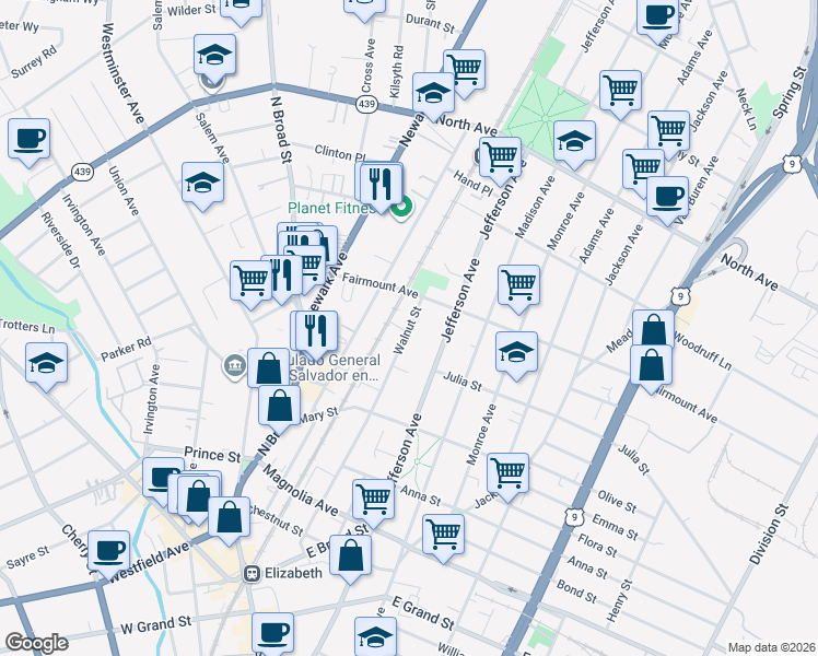 map of restaurants, bars, coffee shops, grocery stores, and more near 580 Walnut Street in Elizabeth