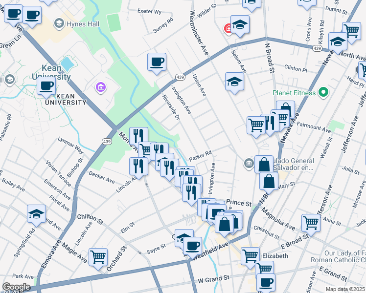 map of restaurants, bars, coffee shops, grocery stores, and more near 536 Riverside Drive in Elizabeth