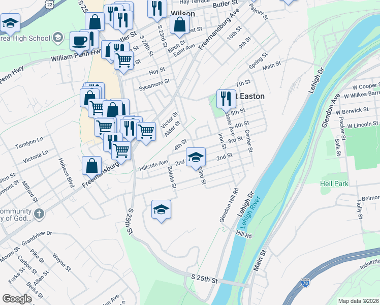 map of restaurants, bars, coffee shops, grocery stores, and more near 2311 3rd Street in Easton