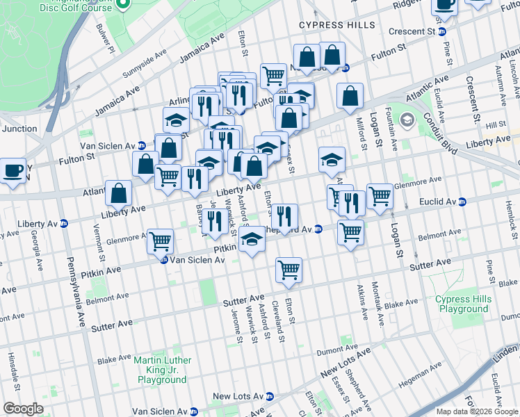 map of restaurants, bars, coffee shops, grocery stores, and more near 701 Glenmore Avenue in Brooklyn