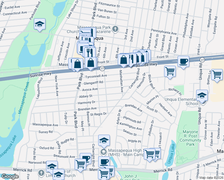 map of restaurants, bars, coffee shops, grocery stores, and more near 221 Avoca Avenue in Massapequa Park