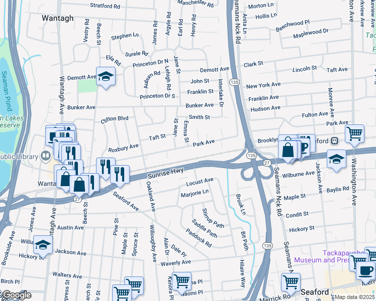 map of restaurants, bars, coffee shops, grocery stores, and more near 3633 Park Avenue in Wantagh
