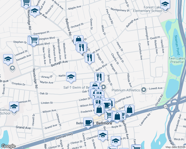 map of restaurants, bars, coffee shops, grocery stores, and more near 1973 Bellmore Avenue in North Bellmore