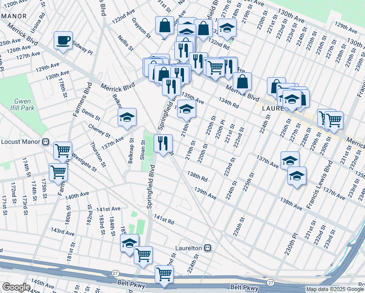 map of restaurants, bars, coffee shops, grocery stores, and more near 137-15 218th Street in Queens