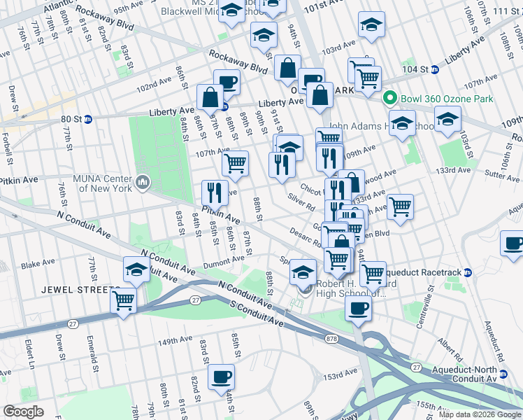 map of restaurants, bars, coffee shops, grocery stores, and more near 132-24 89th Street in Queens