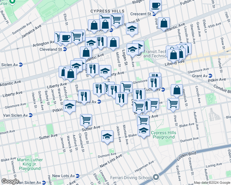 map of restaurants, bars, coffee shops, grocery stores, and more near 159 Montauk Avenue in Brooklyn