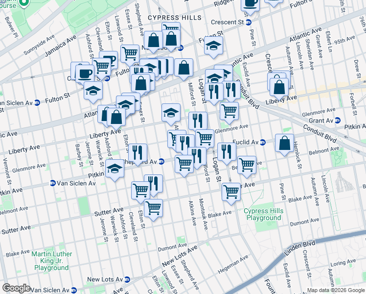 map of restaurants, bars, coffee shops, grocery stores, and more near 836 Glenmore Avenue in Brooklyn