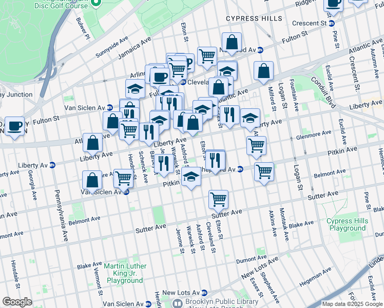 map of restaurants, bars, coffee shops, grocery stores, and more near 283 Ashford Street in Brooklyn