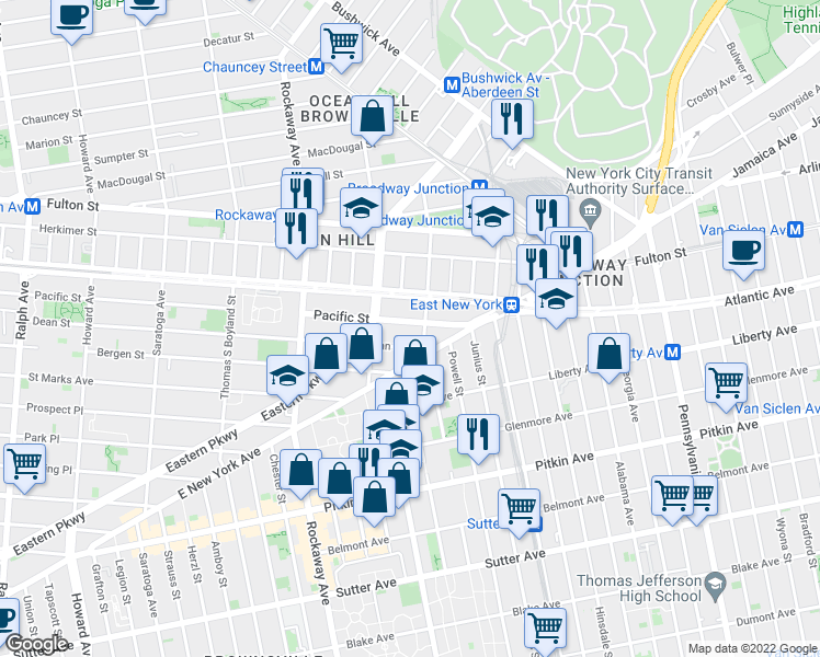 map of restaurants, bars, coffee shops, grocery stores, and more near 124 Sackman Street in Brooklyn