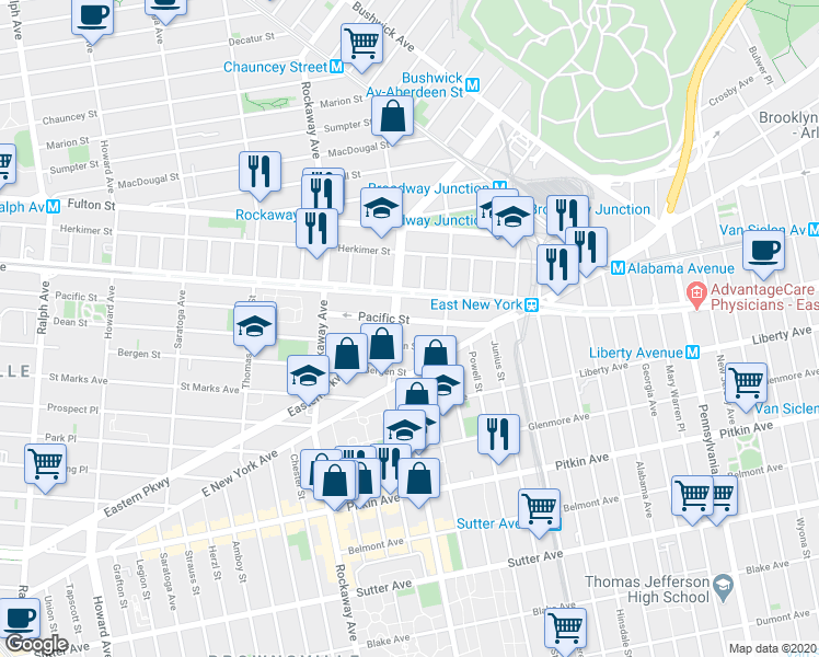 map of restaurants, bars, coffee shops, grocery stores, and more near 2397 Dean Street in Brooklyn