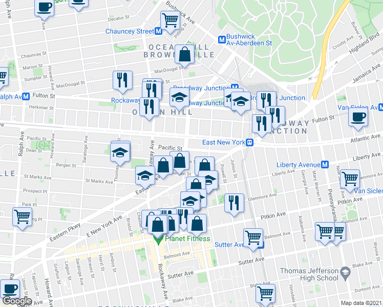 map of restaurants, bars, coffee shops, grocery stores, and more near 2397 Dean Street in Brooklyn