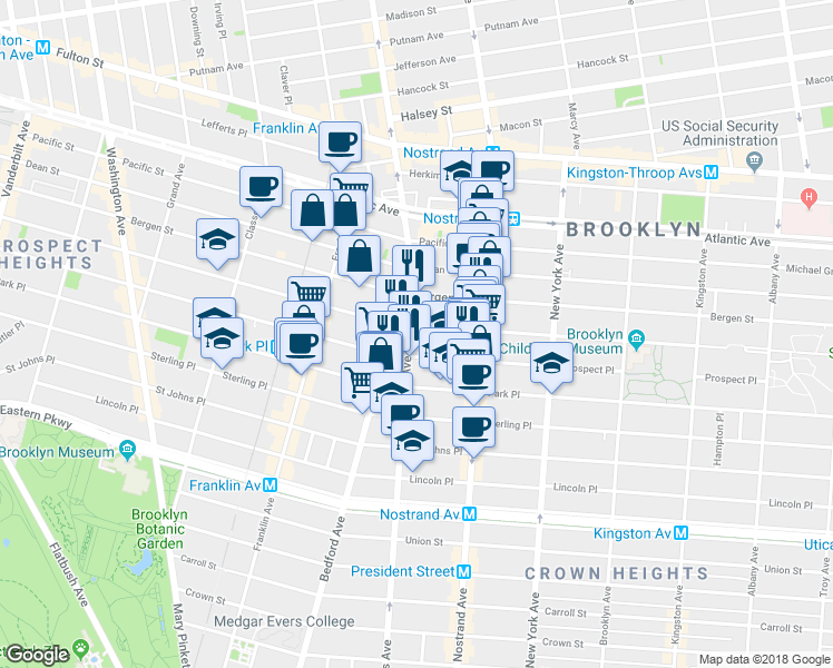 map of restaurants, bars, coffee shops, grocery stores, and more near 1391 Bedford Avenue in Brooklyn