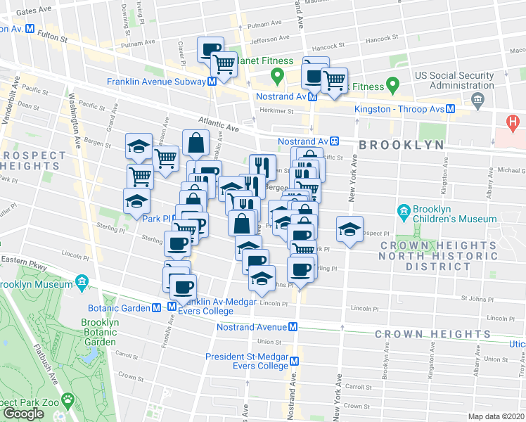 map of restaurants, bars, coffee shops, grocery stores, and more near 1391 Bedford Avenue in Brooklyn