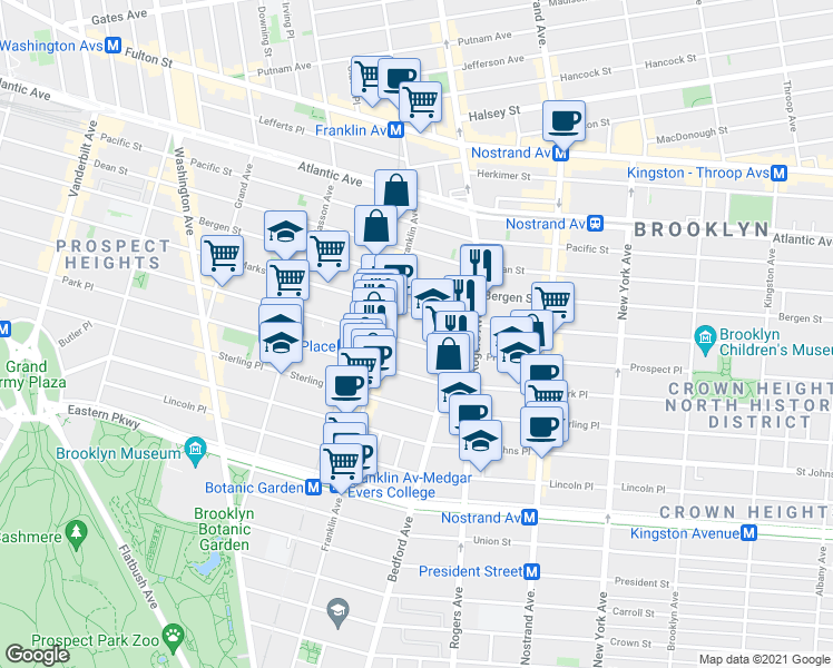 map of restaurants, bars, coffee shops, grocery stores, and more near 596 Saint Marks Avenue in Brooklyn